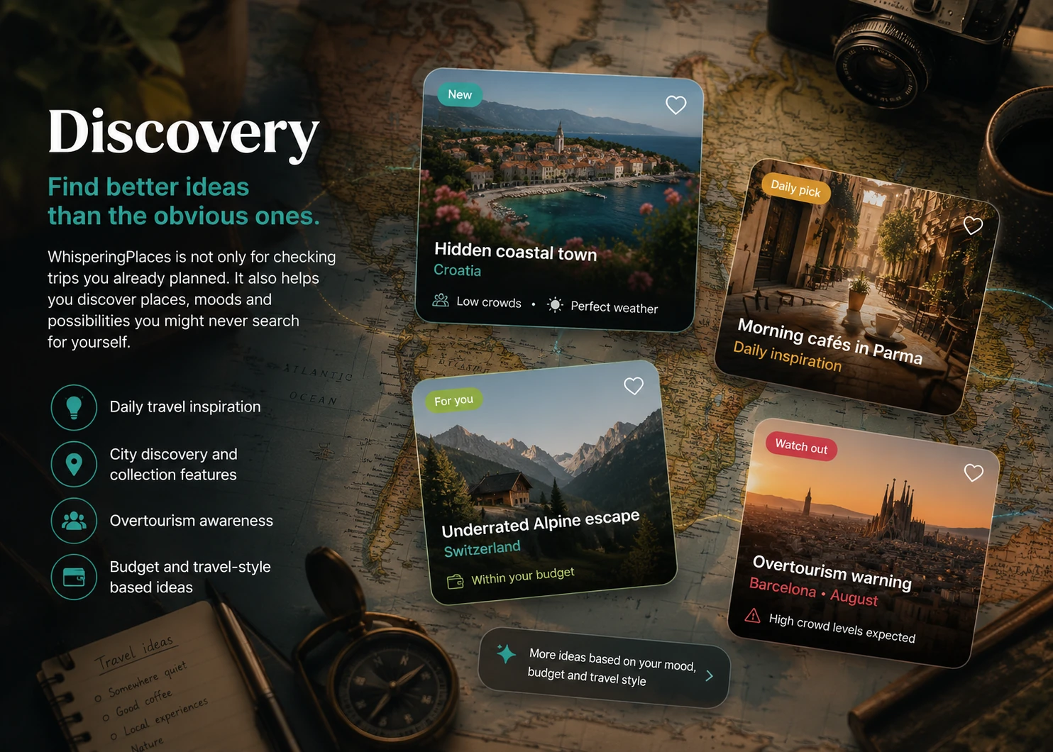 WhisperingPlaces discovery and inspiration screen