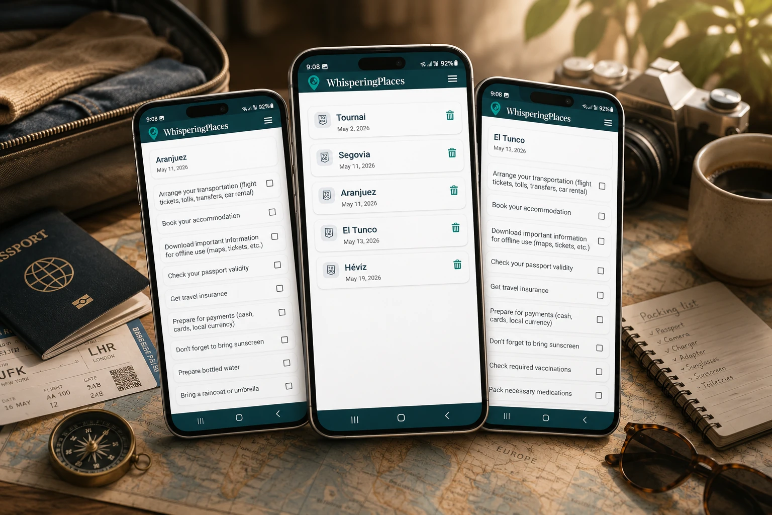 WhisperingPlaces smart planning and to-do list screen